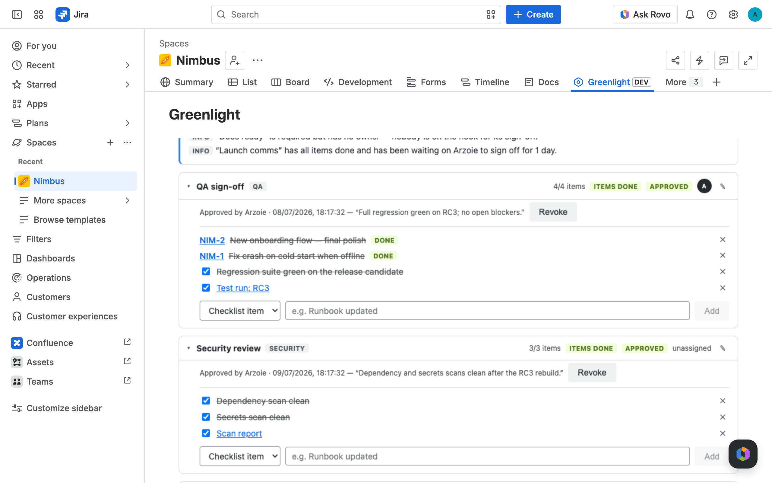 Greenlight release detail with gate board, checklist, and linked Jira issues